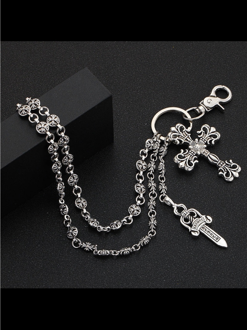 Chrome Hearts Silver Fleur-de-Lis Cross Wallet Chain with Dagger Charm